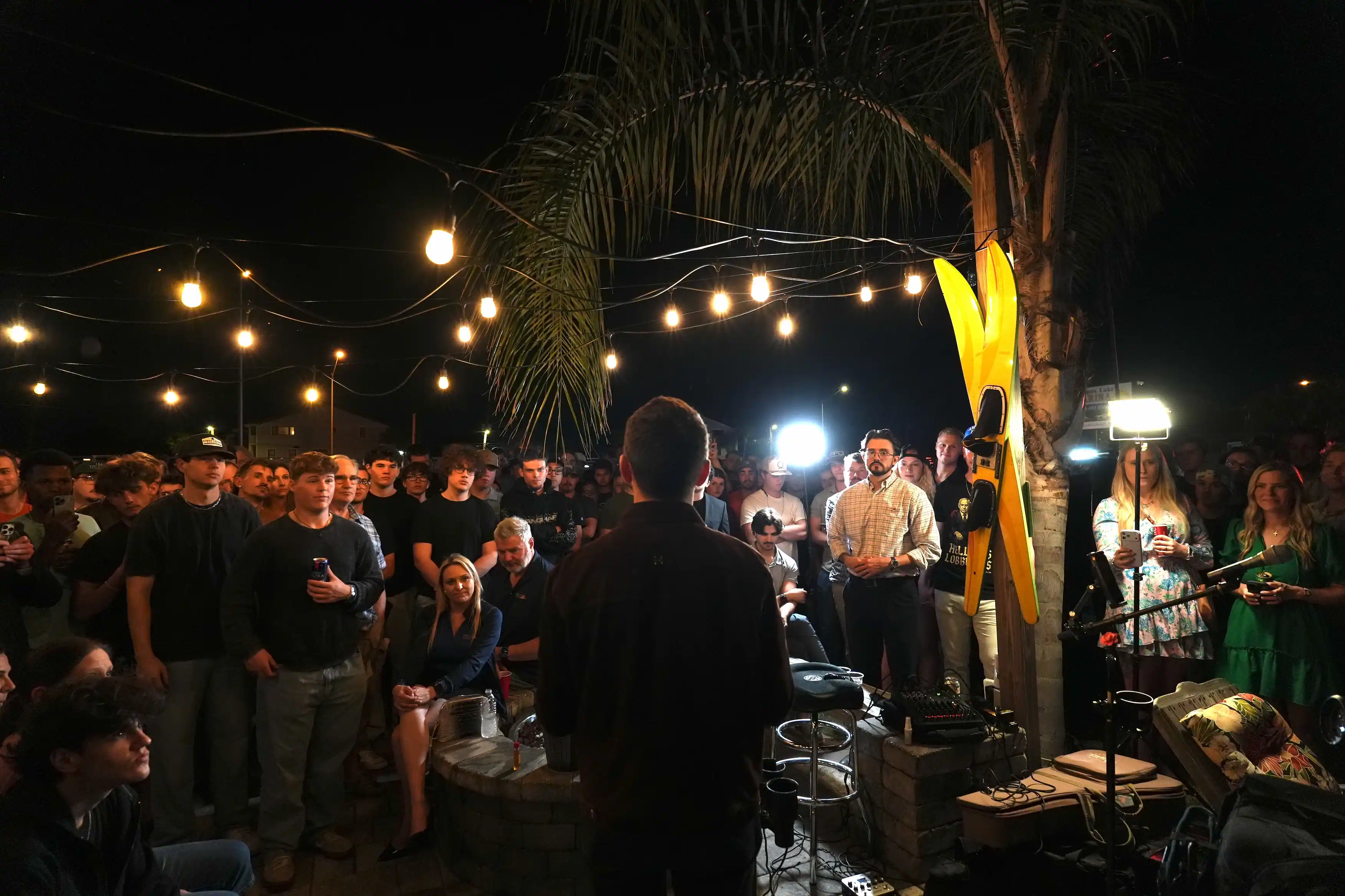 Energizing a massive crowd at the Sunset Tiki Bar during a Fleming Island meet-and-greet.